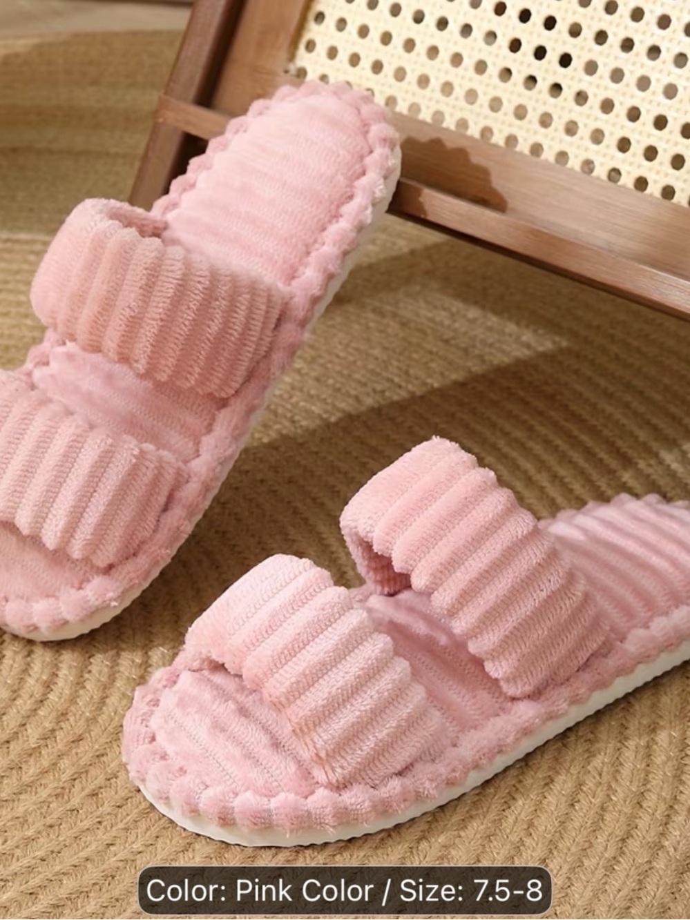 Plush Ribbed Double-Band Pink Slide Slippers